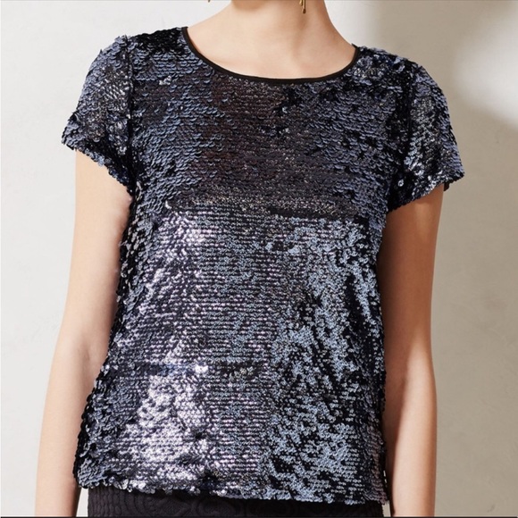 ⭕️ PRICE FIRM Anthropologie Leifsdottir Size Large Blue Sequin Top - Picture 3 of 7